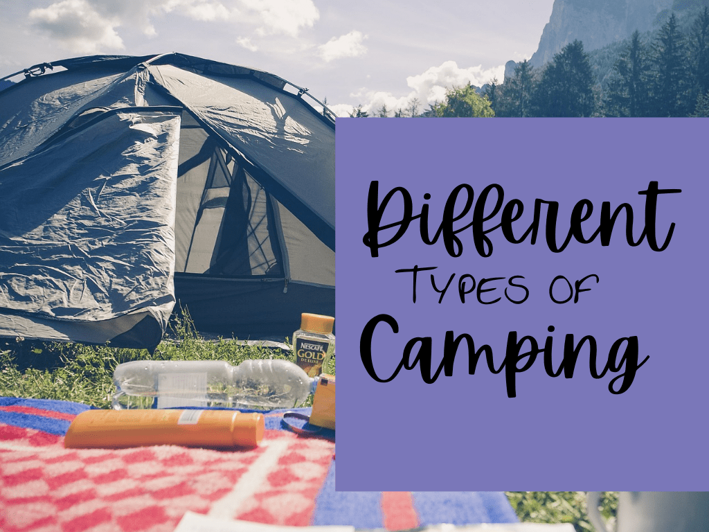 different types of camping title over an image of a camping tent set up
