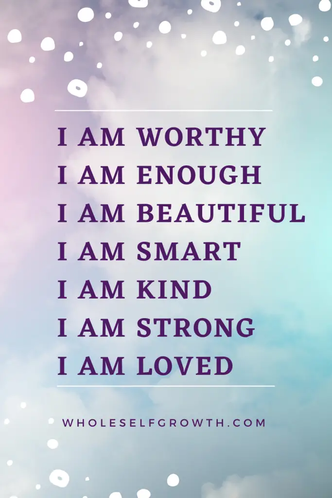 a list of positive "i am" affirmations on a cloud background